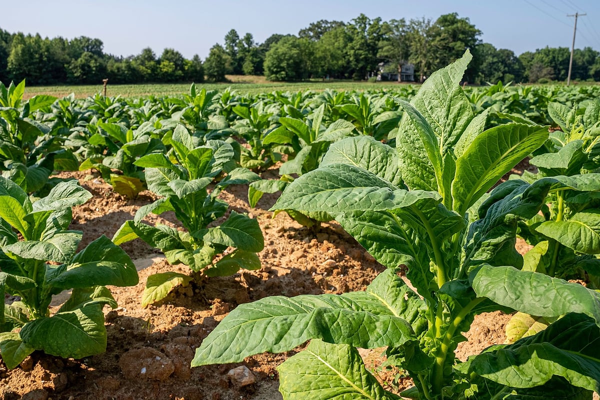 Grüne Tabakpflanzen in einem sonnigen Feld