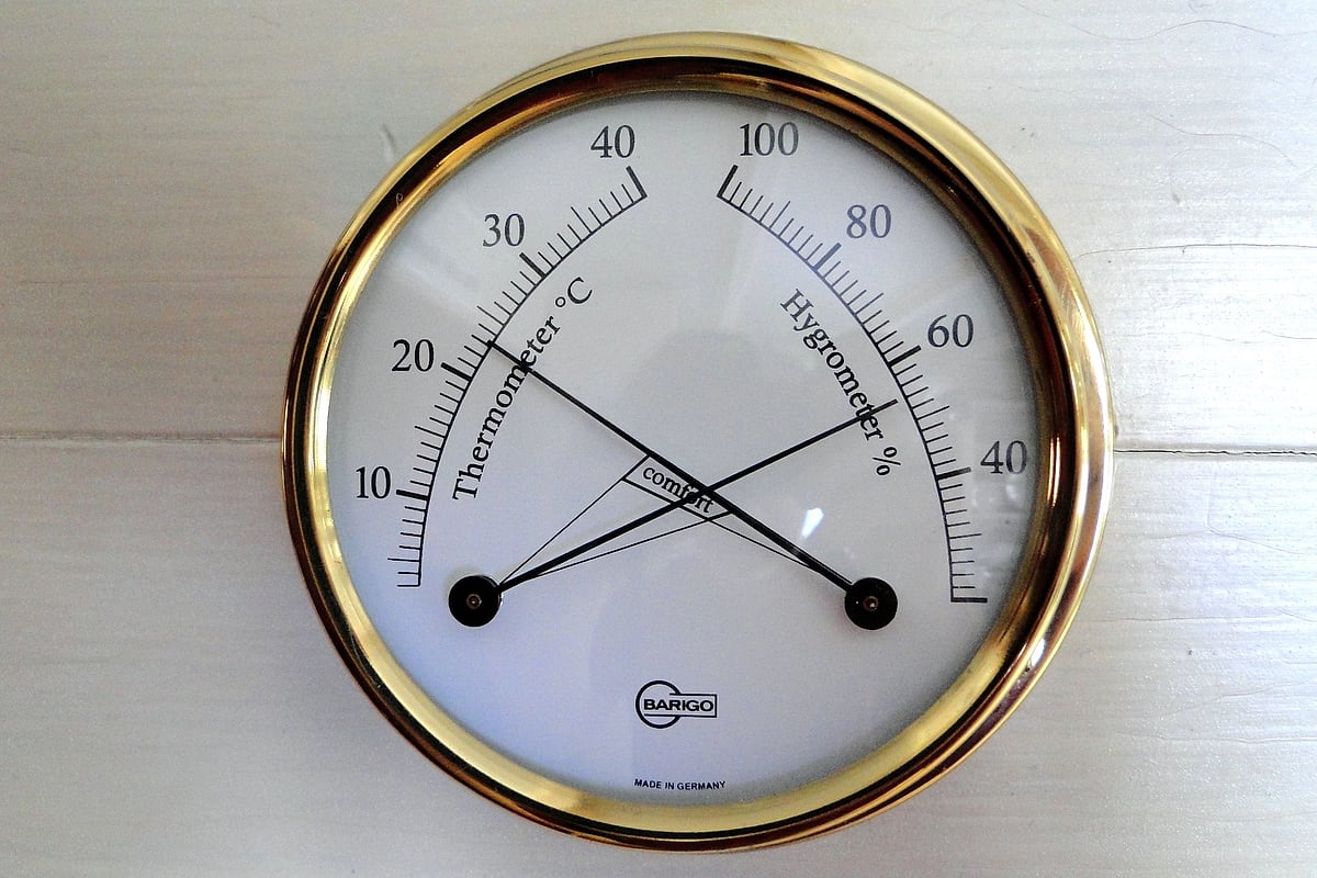 Analoge Rundanzeige mit Skalen für Temperatur und Luftfeuchte