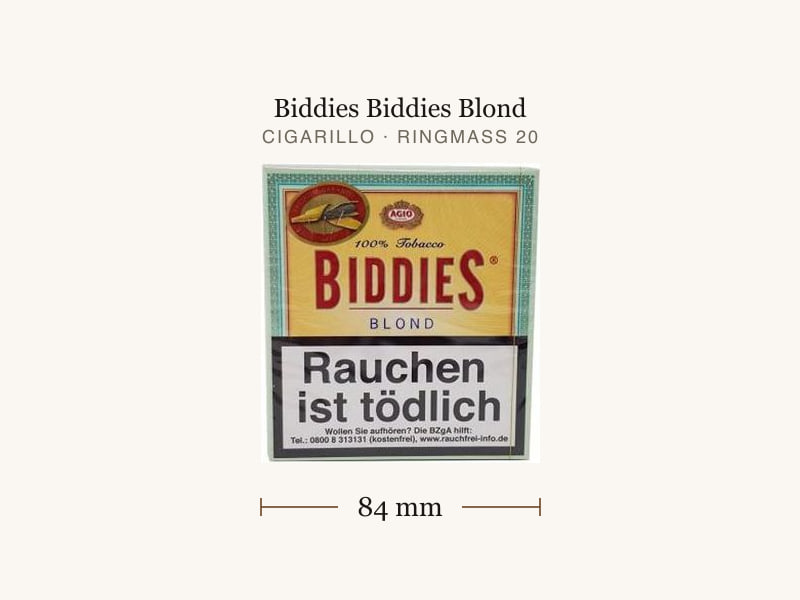 Biddies Biddies Blond, Maßangaben: Länge 84 mm, Ringmaß 20