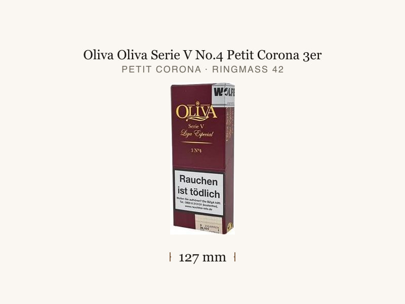 Oliva Oliva Serie V No.4 Petit Corona 3er, Maßangaben: Länge 127 mm, Ringmaß 42