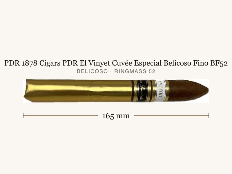 PDR 1878 Cigars PDR El Vinyet Cuvée Especial Belicoso Fino BF52, Maßangaben: Länge 165 mm, Ringmaß 52